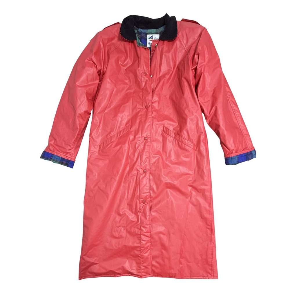 Misty Harbor Coat Womens Medium Red PVC Flannel Lined Snap Front Long Raincoat